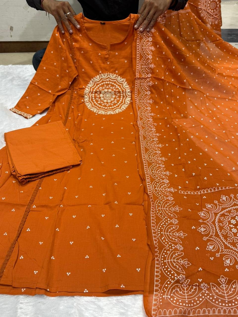 Orange Cotton Suit Set with Embroidered Dupatta